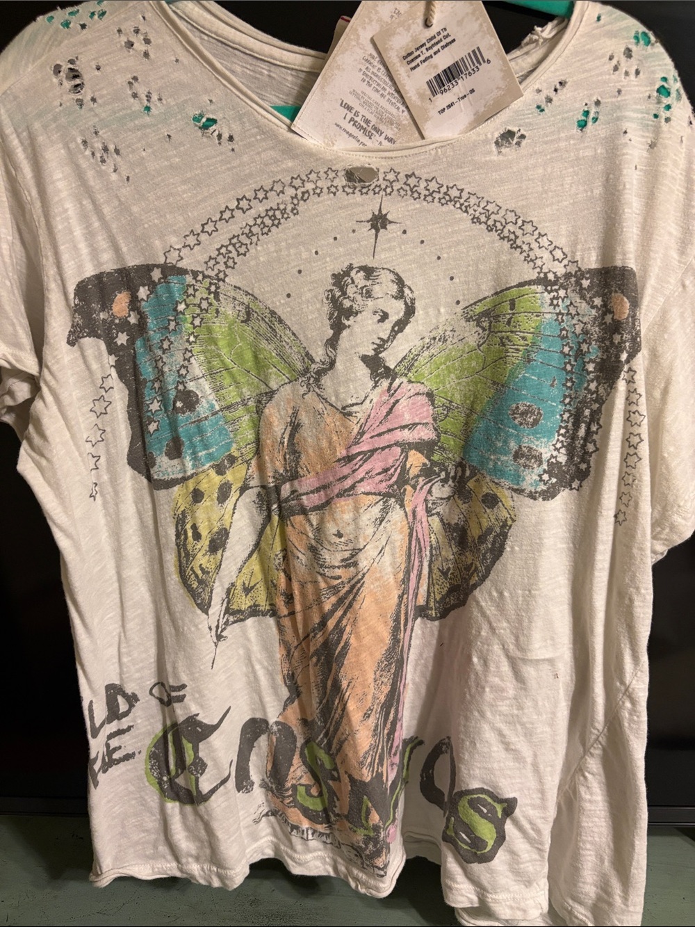 Magnolia Pearl Cream Short-Sleeve Tee with Multicolor Angel & Butterfly Motif